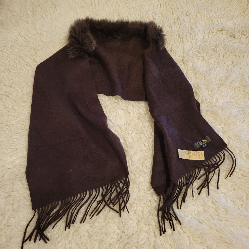 Elegant Brown Scarf with Faux Fur Trim